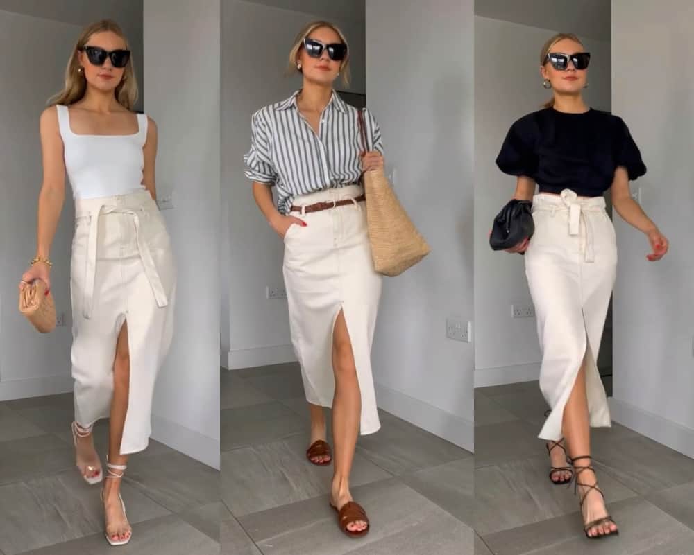 triptych image of a woman wearing three separate outfits with a white denim midi skirt