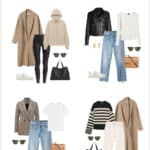 collage of outfits for a fall capsule wardrobe with camel, taupe, black, and white colors and jeans