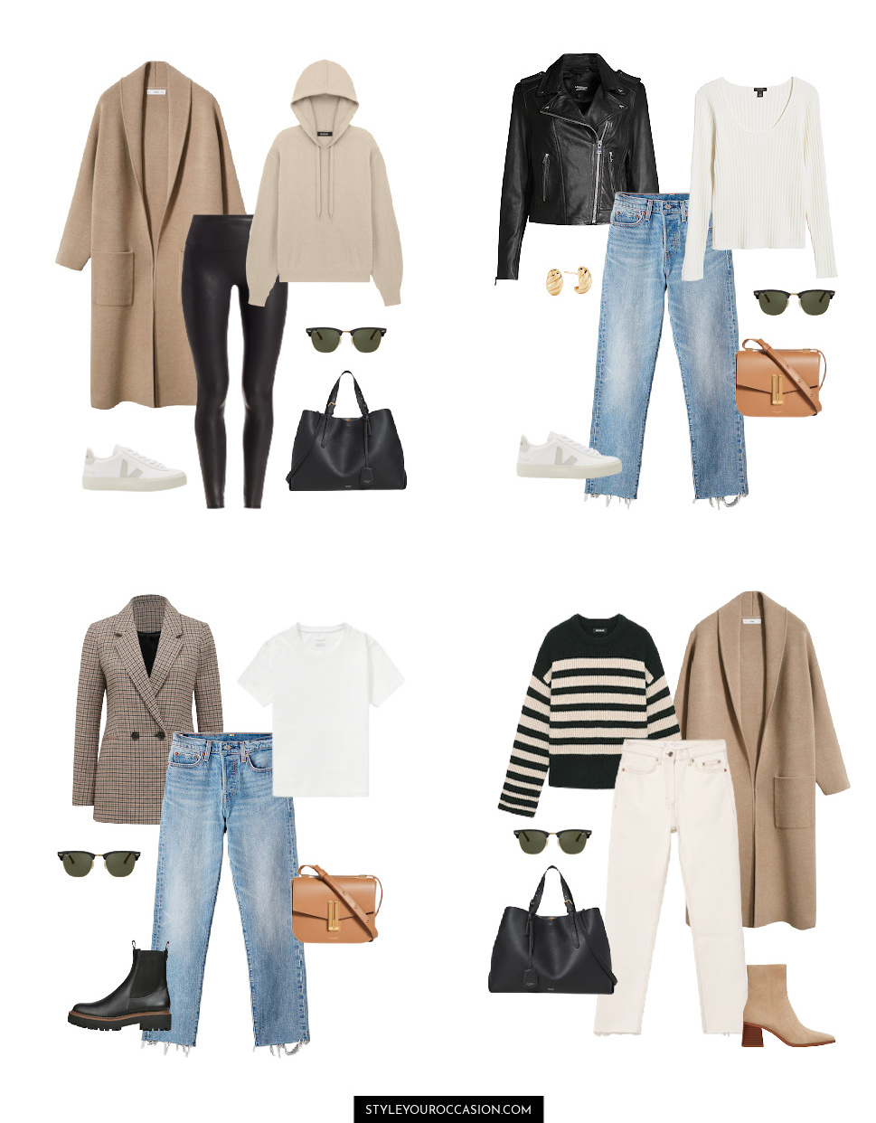 collage of outfits for a fall capsule wardrobe with camel, taupe, black, and white colors