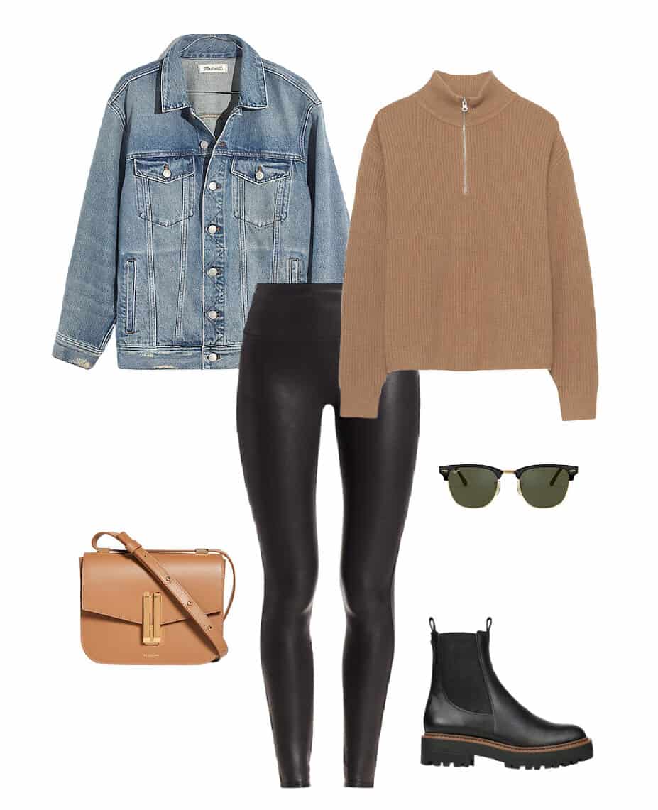 image of a fall capsule wardrobe outfit with black leather leggings, a camel sweater, an oversized denim jacket, and black boots