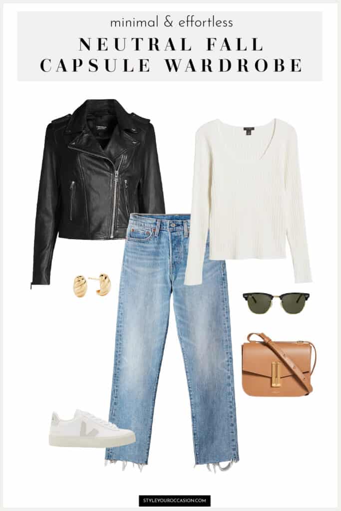 image of an outfit with blue jeans, a black leather jacket, white ribbed long-sleeve top, brown crossbody bag, and white sneakers