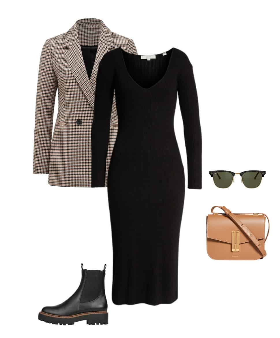 image of a fall outfit with a black ribbed sweater dress, plaid blazer, black boots, and brown leather purse