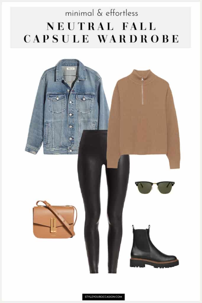 image of a fall capsule wardrobe outfit with black leather leggings, a camel sweater, an oversized denim jacket, and black boots