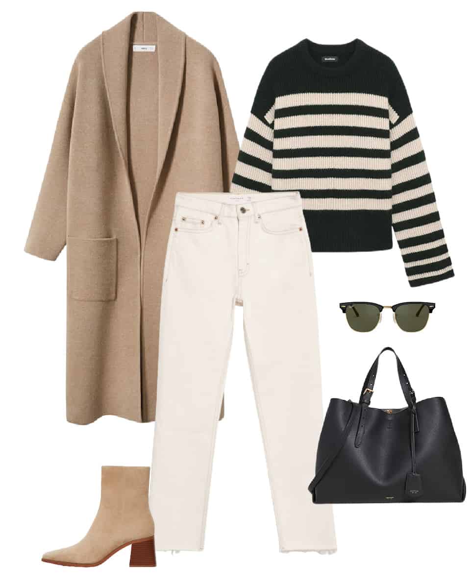 image of an outfit with a camel coat, white jeans, striped black and white sweater, brown suede boots, and a black leather tote bag