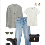 Fall capsule wardrobe outfit with a grey cardigan, short sleeve white top, blue jeans, black lug boots, and a black crossbody bag