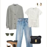 Fall capsule wardrobe outfit with a grey cardigan, short sleeve white top, blue jeans, brown lug boots, and a black crossbody bag
