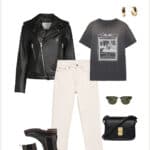 Fall capsule wardrobe outfit with a leather jacket, graphic t-shirt top, off-white jeans, black lug boots, and a black crossbody bag