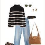 Fall capsule wardrobe outfit with a striped knit sweater, blue jeans, black loafers, and a suede brown shoulder bag