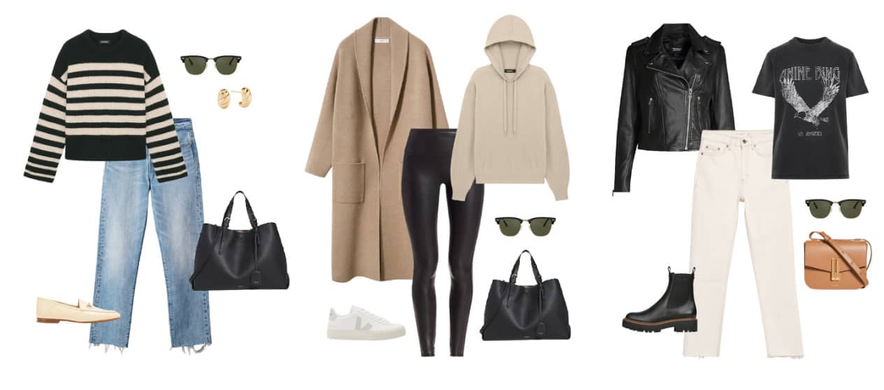 image of three outfits with neutral color palette from a fall capsule wardrobe