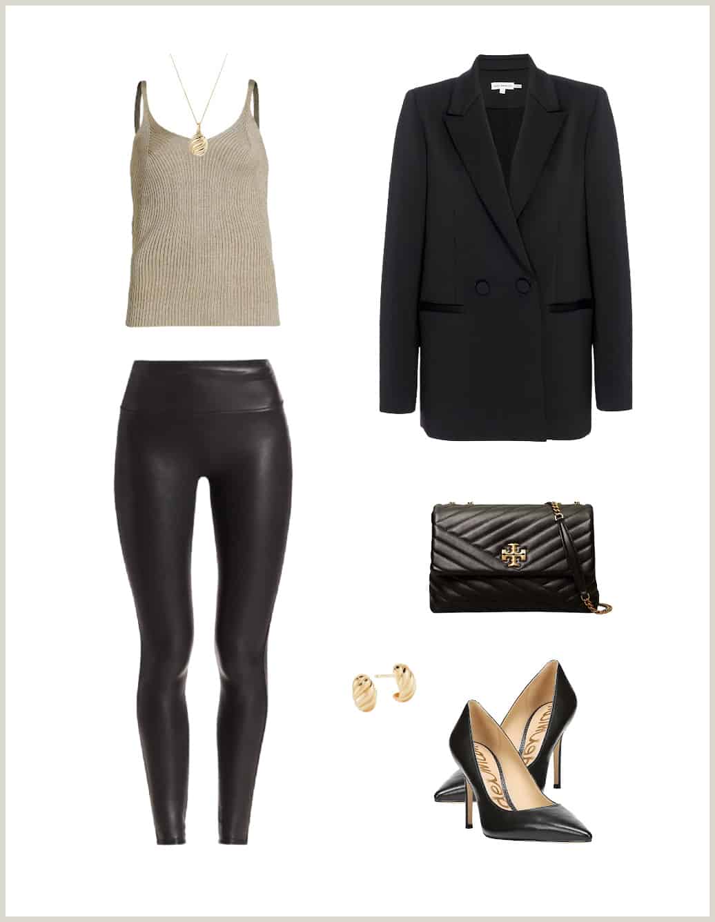image of an outfit mood board with a knit camisole, black blazer, black faux leather leggings, black pumps, a black purse, and gold jewelry