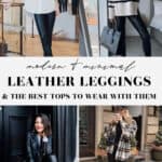 collage of images of women in stylish outfits with leather leggings and leather pants