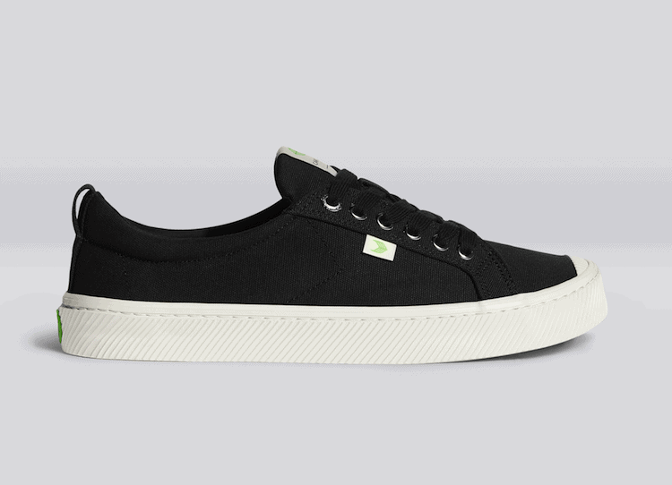 image of a black canvas sneaker with a white sole