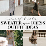 collage of images of women wearing trendy and stylish outfits with a sweater over dress