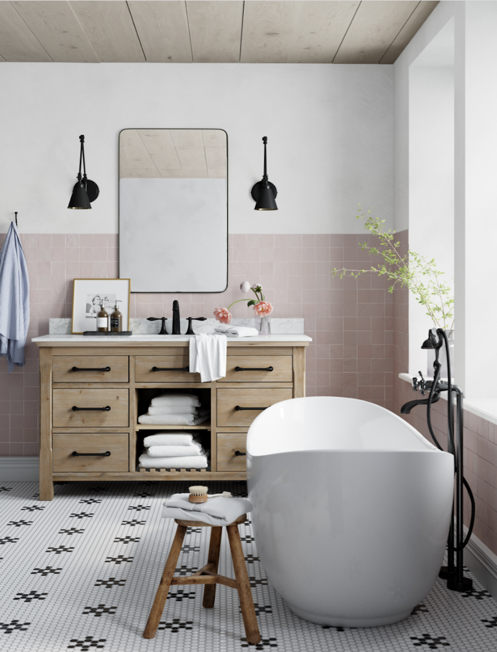 image of a bathroom with a wood vanity, stand alone tub, traditional tile, and half pink wall tile