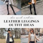 collage of women in outfits with faux leather leggings