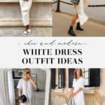 collage of images of women in outfits with white dresses