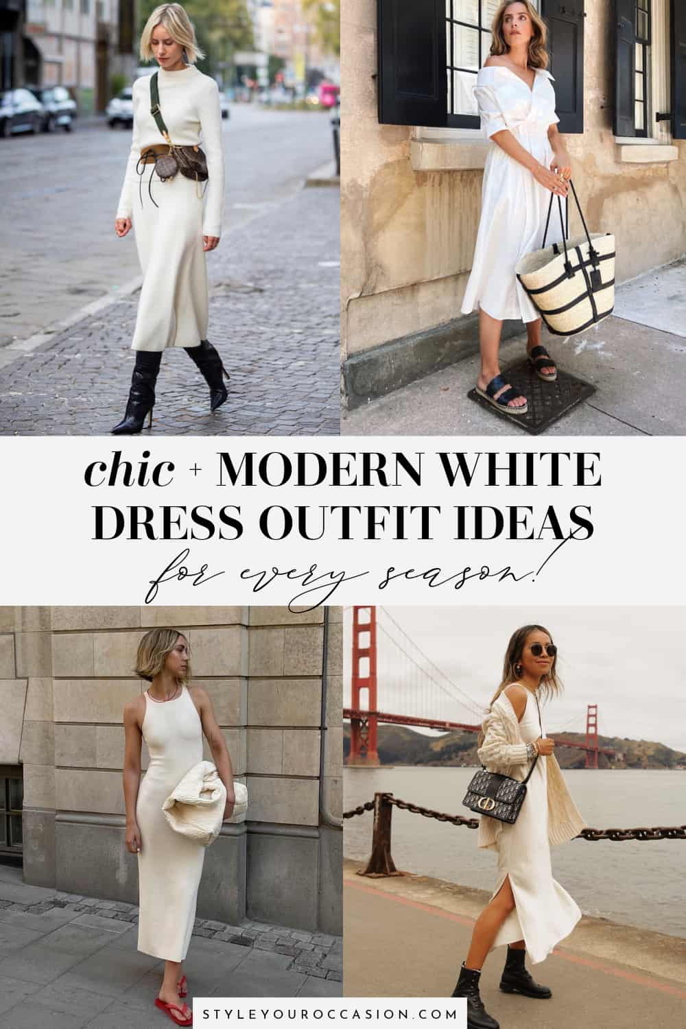 collage of images of women in outfits with white dresses