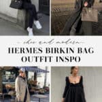 collage of images of women in stylish outfits with Hermes Birkin handbags