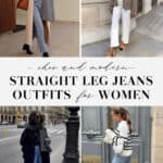 collage of images of women wearing stylish outfits with straight leg jeans
