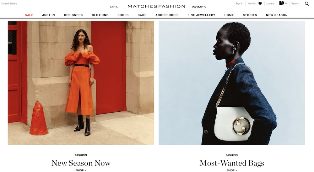 image of a website front page for a fashion retailer with a woman in a red dress and a woman in a black blazer