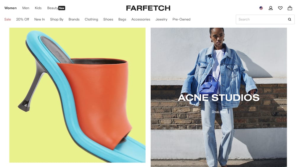 image of the front landing webpage for Farfetch with a neon high heel and woman in a denim outfit