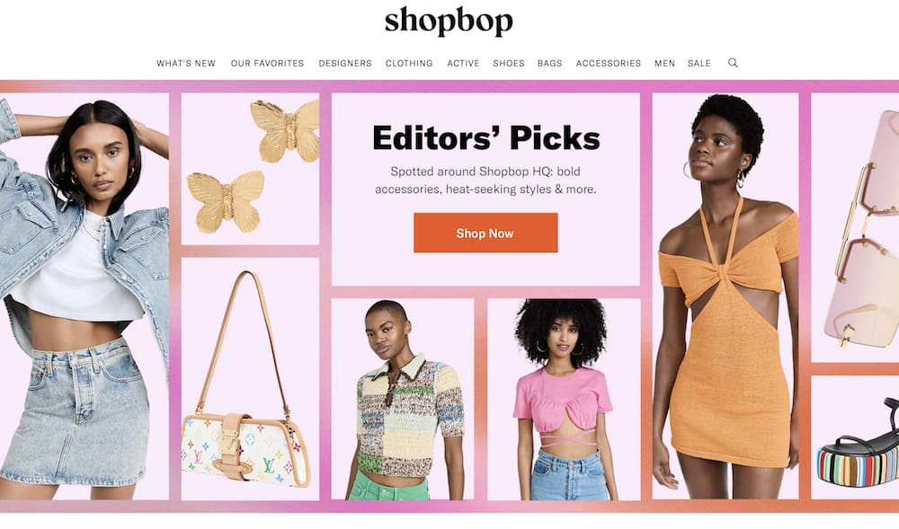 image of the front landing page of the Shopbop website with a pink collage of women in trendy outfits