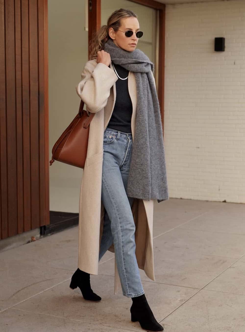 image of a woman in a long wool beige coat, jeans, and black ankle boots
