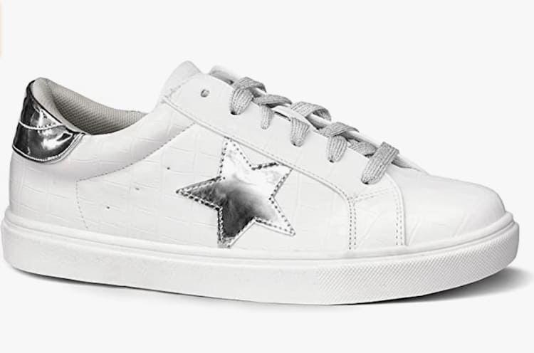 image of a white sneaker with a silver star detail on the side and silver on the back