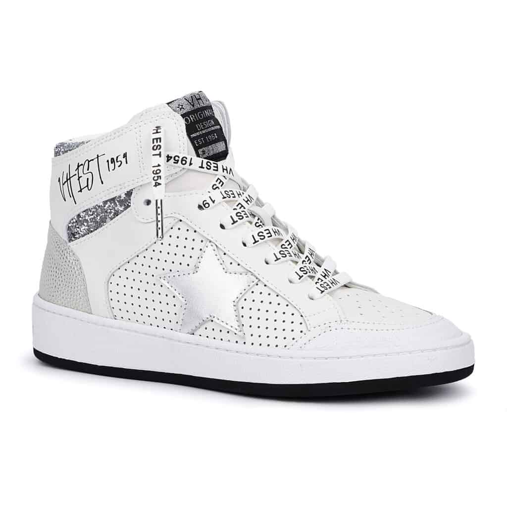 image of a high-top sneaker with a shiny silver star on the side and graffiti text details