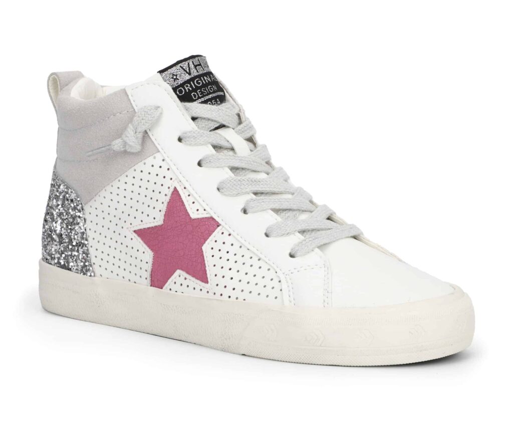 image of a high-top sneaker with a pink star on the side and glitter details