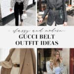 collage of images of women wearing classy outfits with Gucci belts