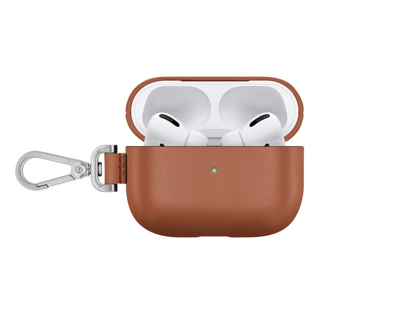 image of a brown leather AirPods case with silver clip