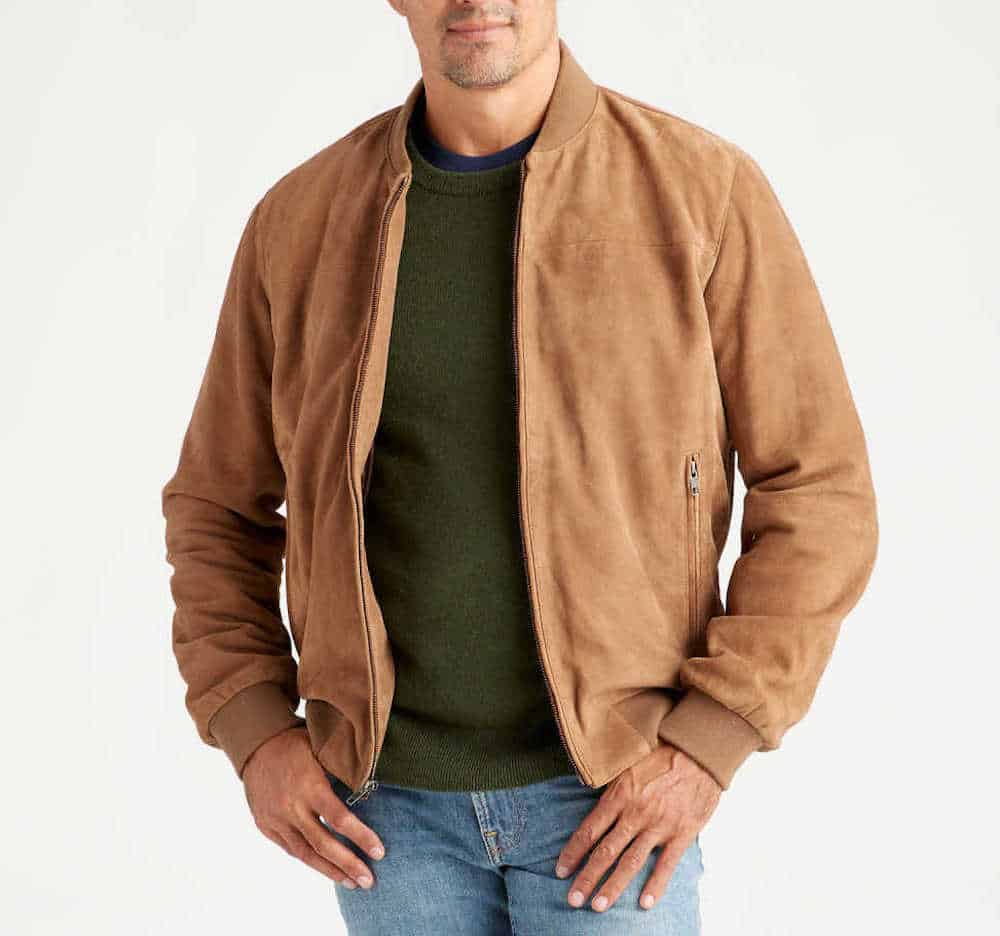 image of a man in a brown suede leather bomber jacket over a green sweater