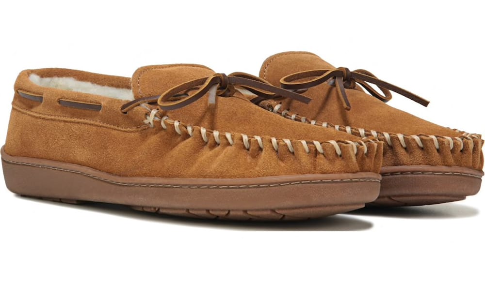 image of a pair of brown suede leather moccasin slippers for men