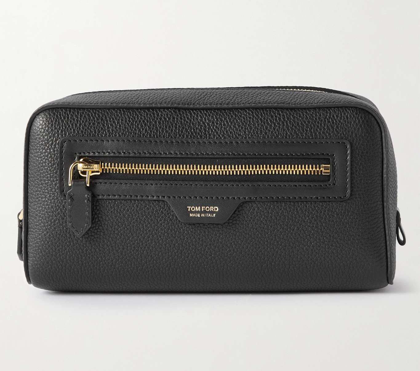 image of a black leather Tom Ford wash bag for men with a zipper and logo tab