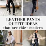 collage of images of women wearing stylish outfits with leather pants