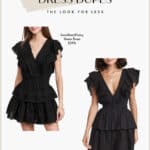 image comparing two black mini dresses with ruffles, one from LoveShackFancy, the other a dupe from Playa Lucia