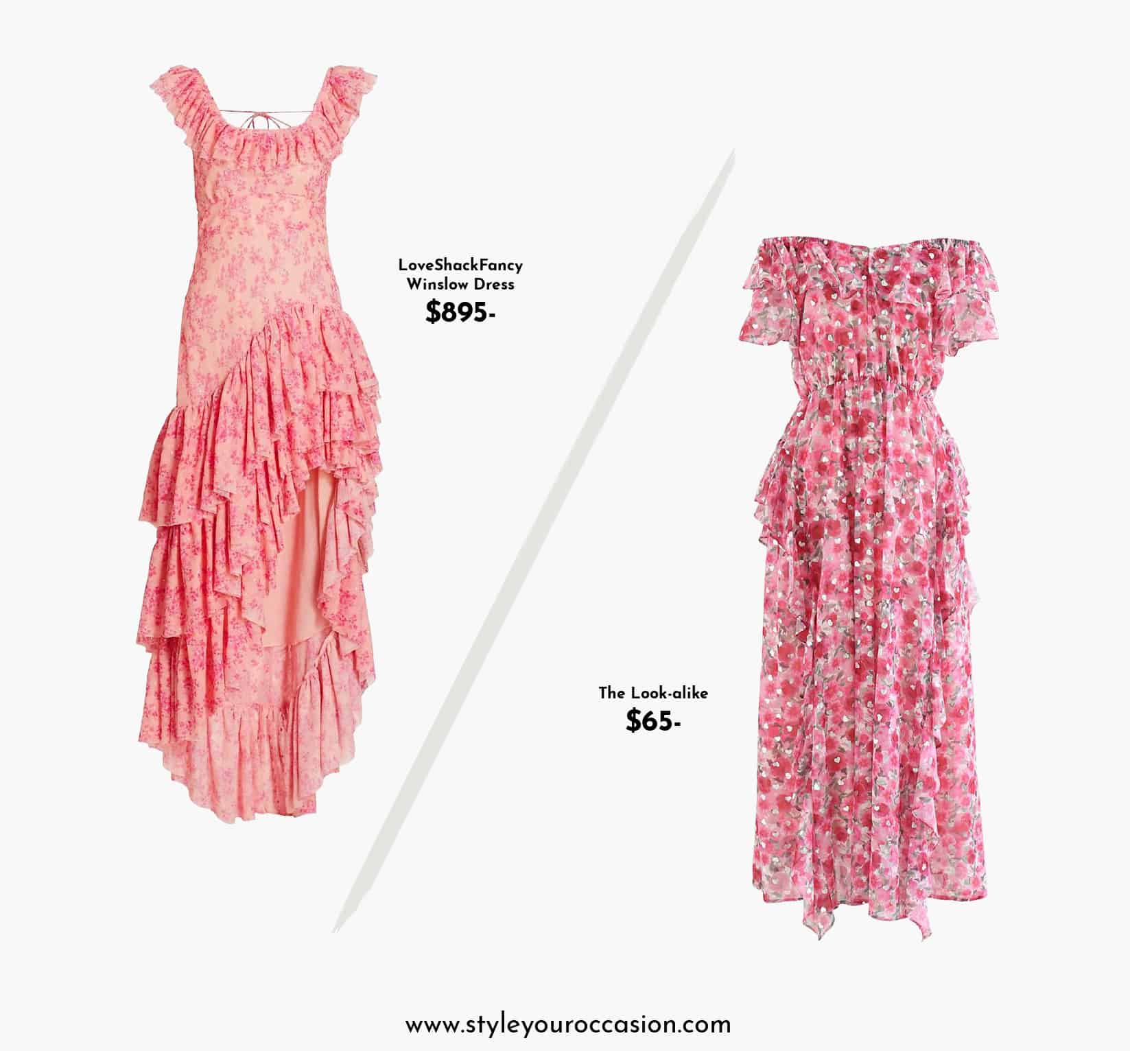 image of two pink ruffle maxi dresses that look alike
