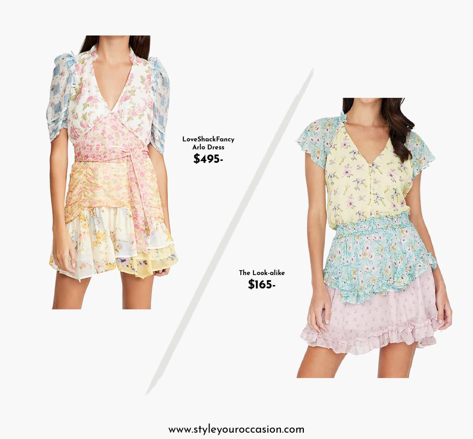 image of two patchwork floral mini dresses that look alike