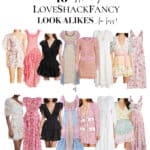 collage of LoveShackFancy dresses and their dupes