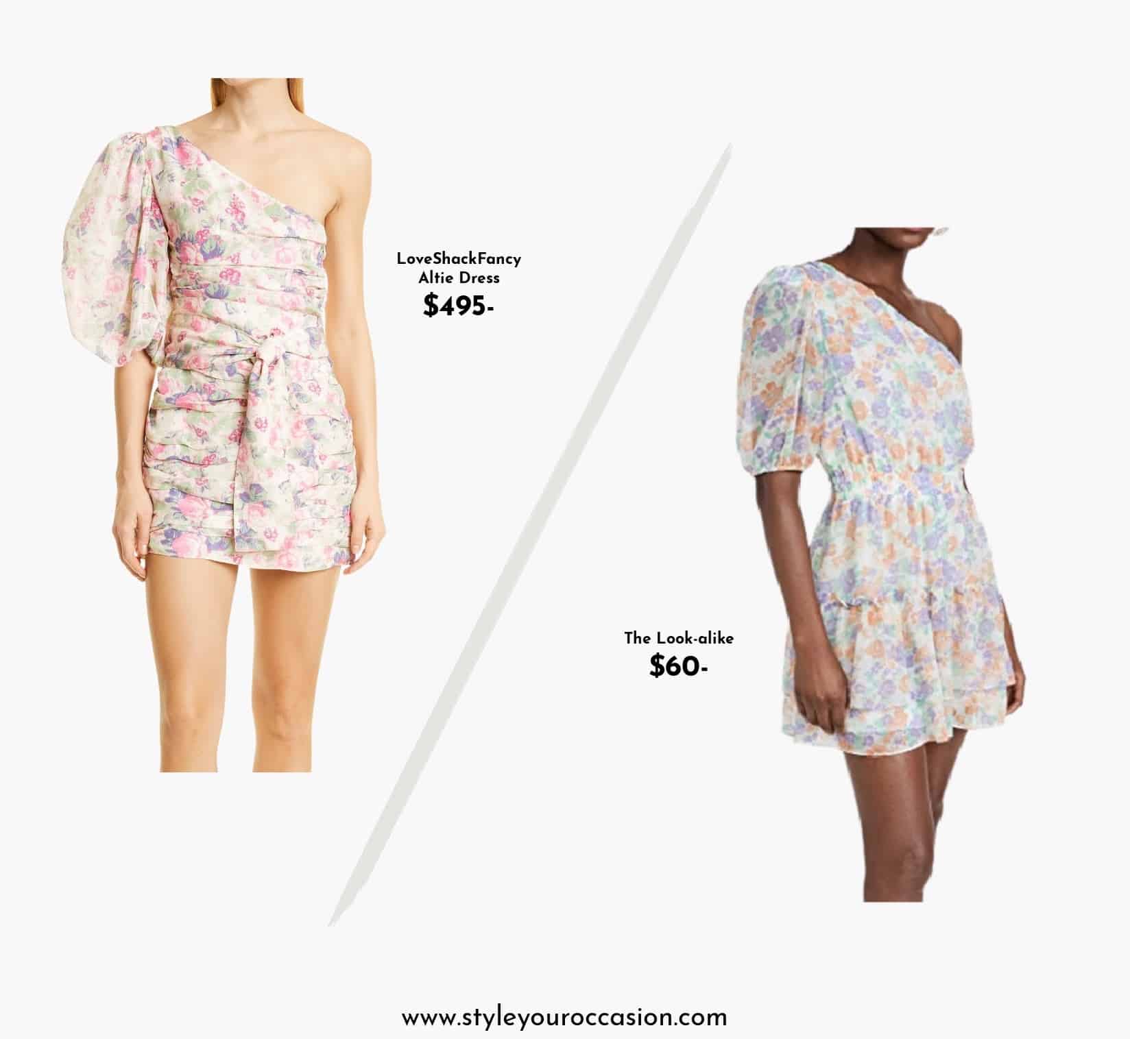 image of two floral one-shoulder mini dresses that look alike