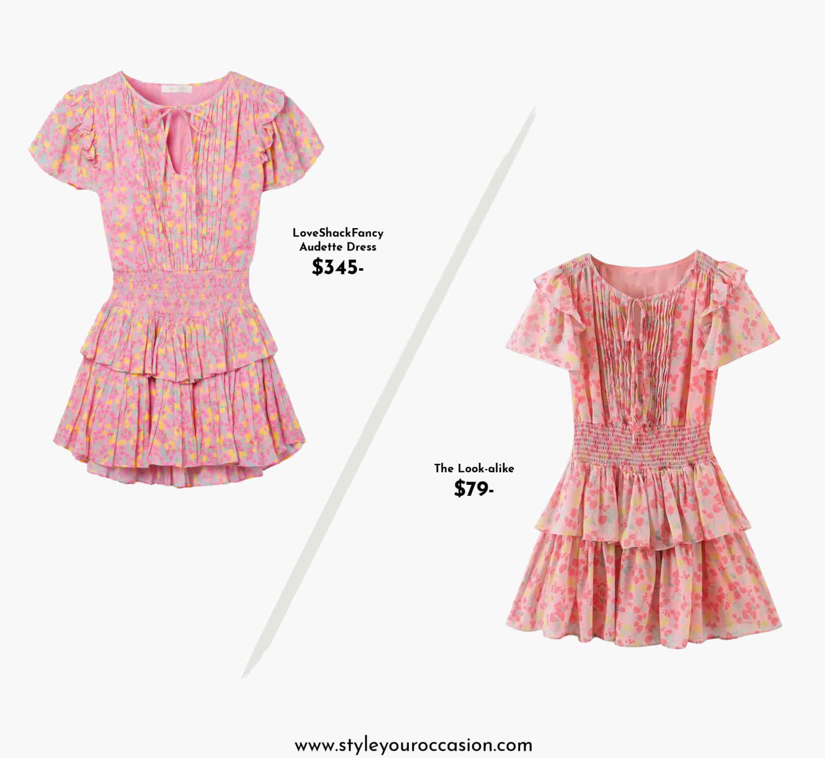 image of two pink mini floral dresses that look alike