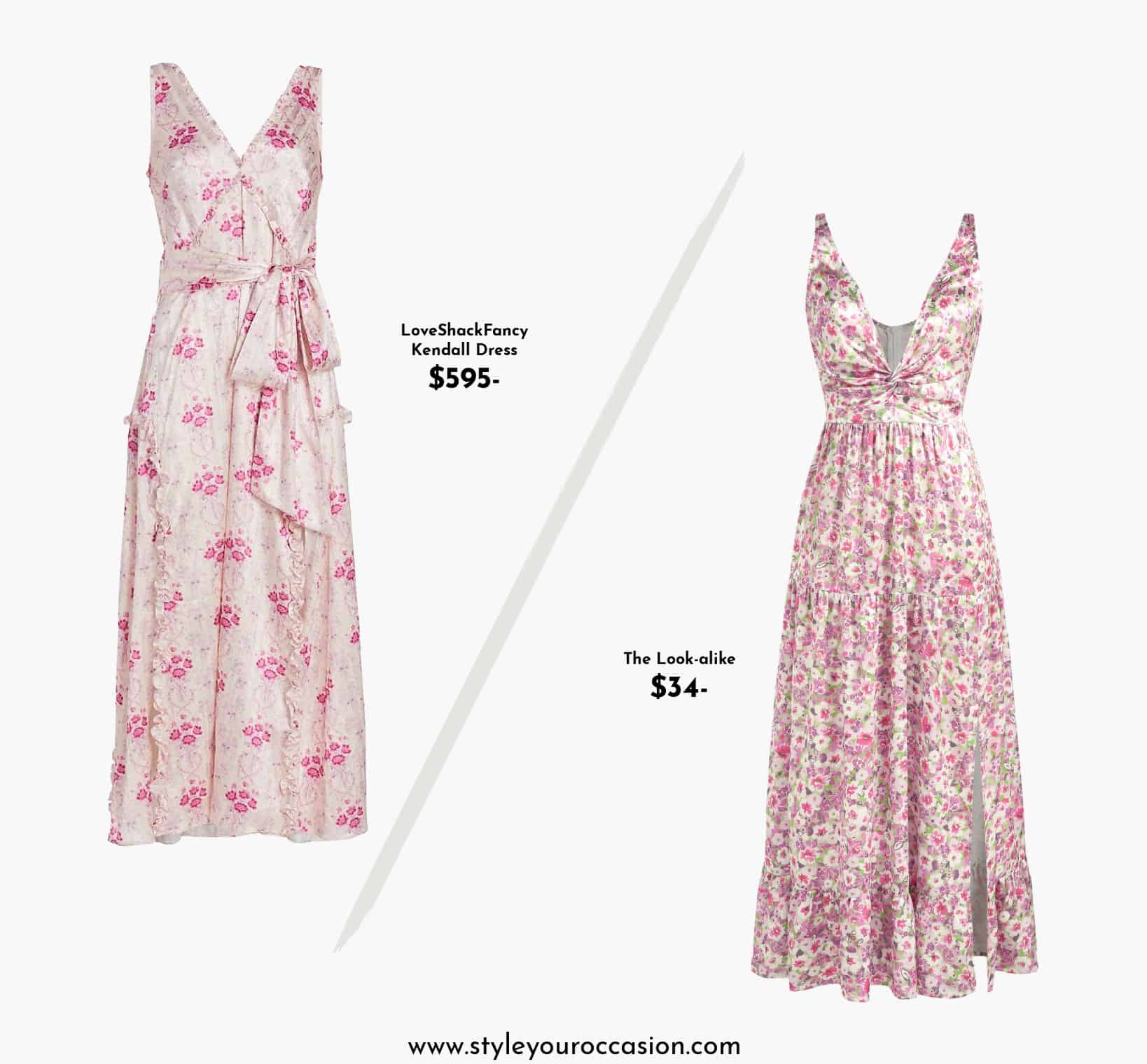 image of two pink floral silk maxi dresses that look alike