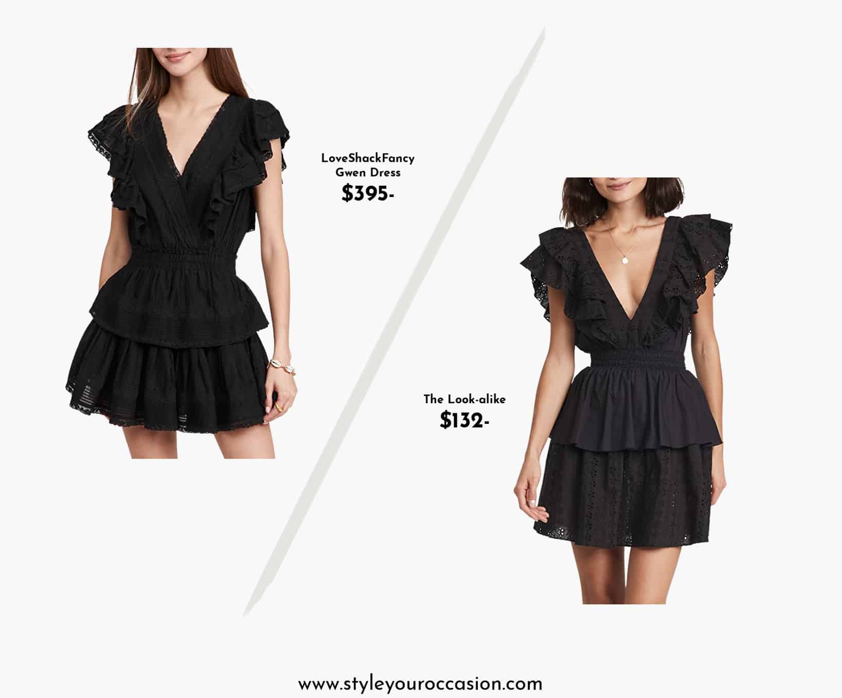 image of two black v-neck mini ruffle dresses that look alike