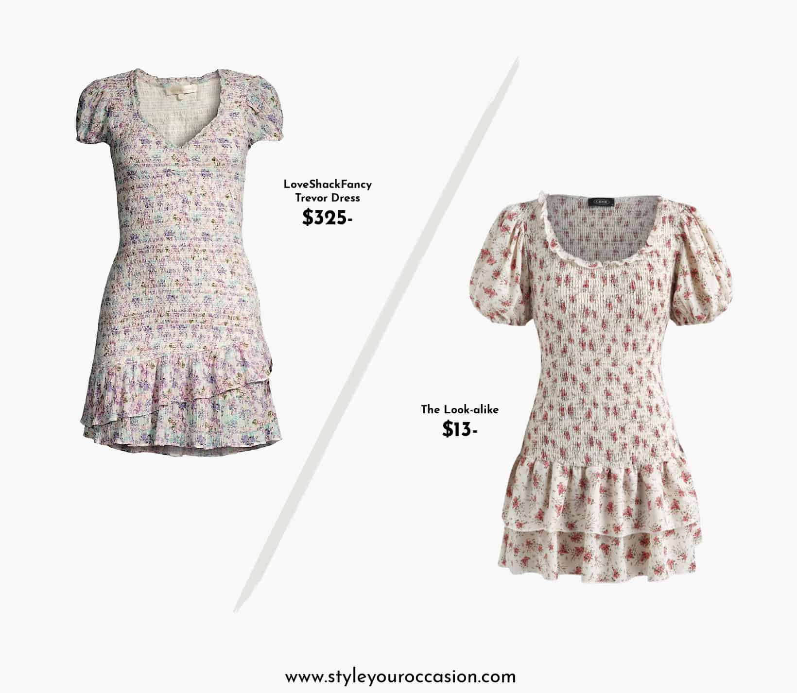 image of two short-sleeve shirred floral mini dresses that look alike