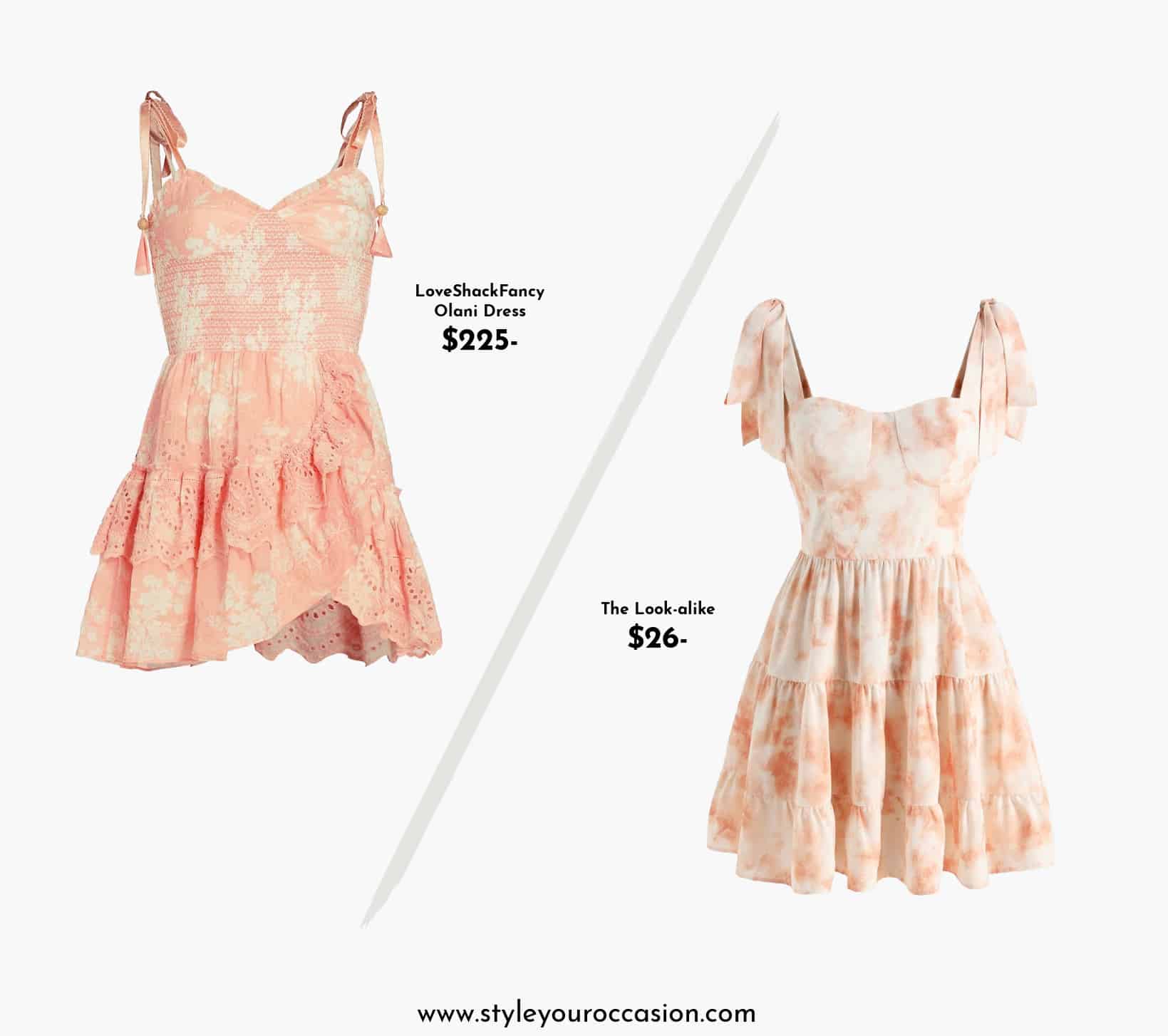 image of two peach floral tiered mini dresses that look alike