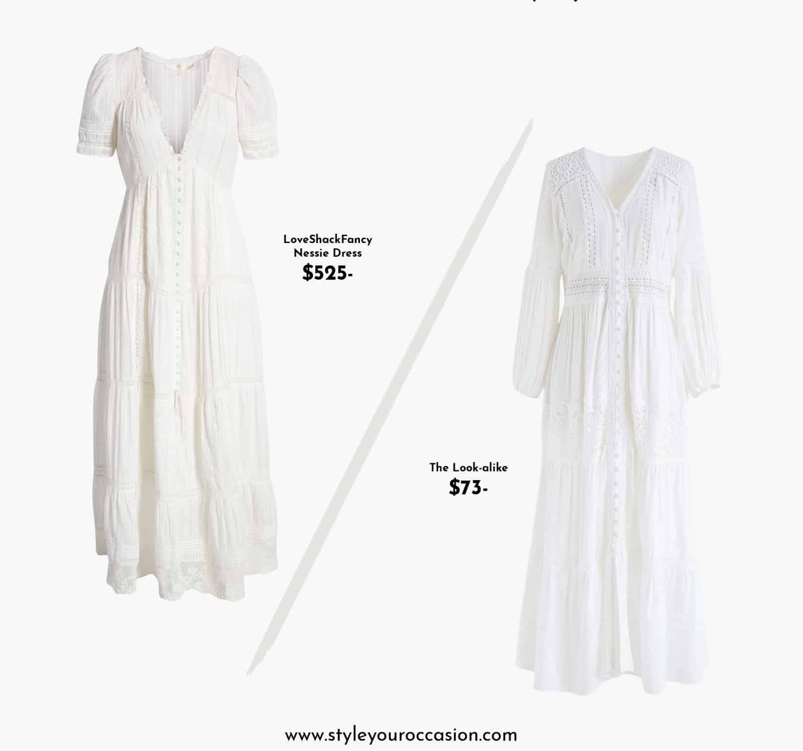 image of two white eyelet maxi dresses that look alike