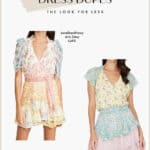 image comparing two floral patchwork mini dresses, one from LoveShackFancy, the other a dupe from Yumi Kim