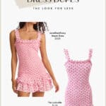 image comparing two sleeveless pink shirred floral mini dresses