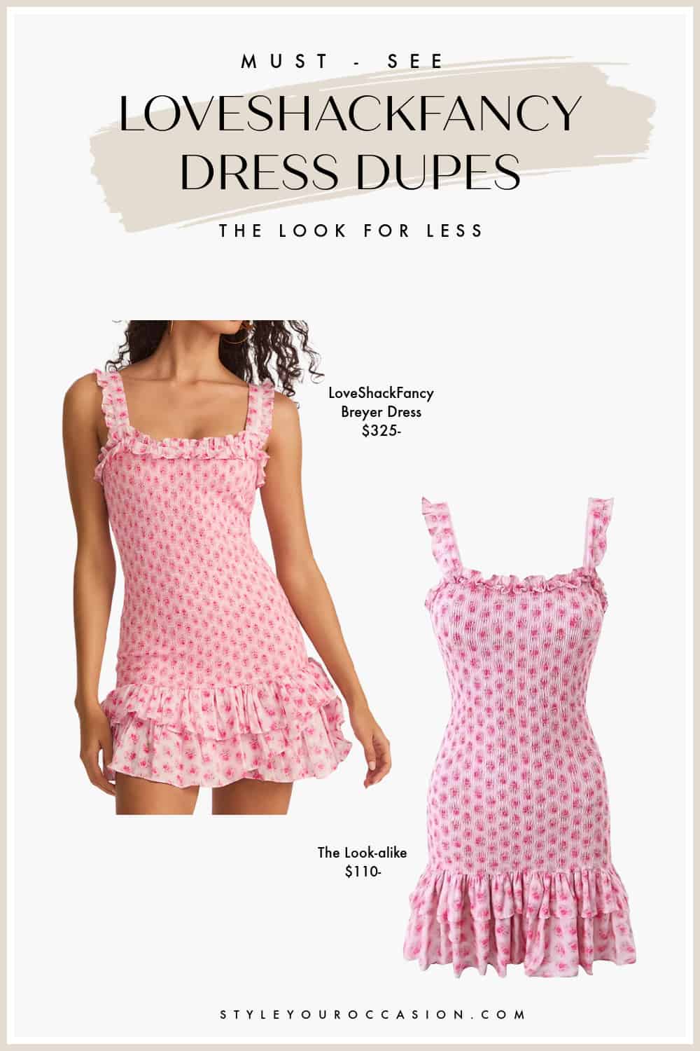 image comparing two sleeveless pink shirred floral mini dresses, one from LoveShackFancy, the other a dupe from Etsy